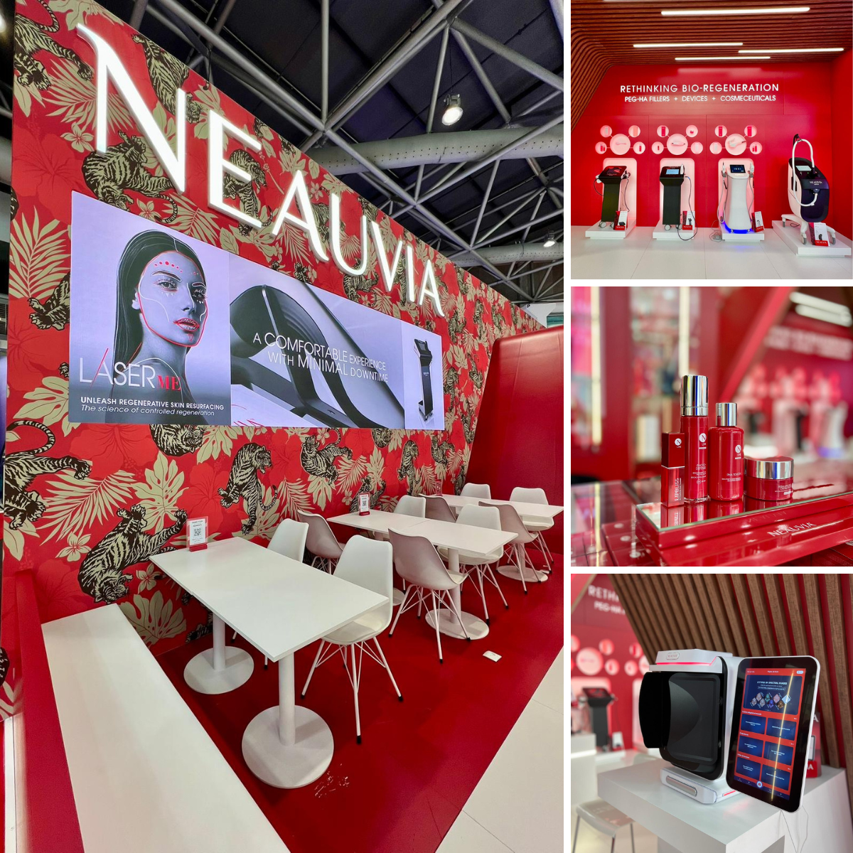 Explore Neauvia booth through different corners: devices area, Nline shop, Skin Imagine, fillers and Social media wall